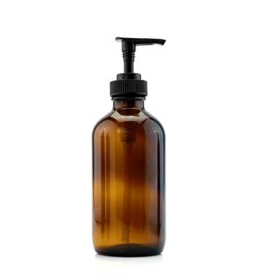 China Personal Care In Brown Glass Boston Bottle 16oz Hand Stock Empty Wash Bottle With Black Lotion Pump Caps for sale