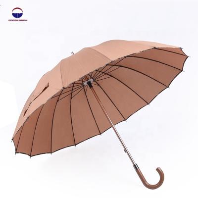 China Custom 16 Panel Straight Strong Windproof Wooden Handle Umbrella Beige Umbrella For Wholesale for sale