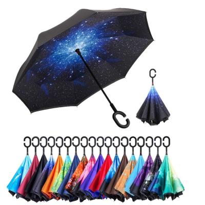 China Factory Reverse Umbrellas Factory Reverse Double Layer Design Double Layer C Hook Handle Chinese Creative Manual Anti UV Inverted Folding Umbrella for sale