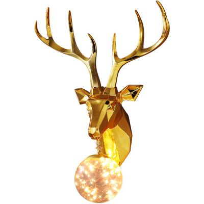 China Background Wall Bed Light Nordic Decorative Antlers Country Village Antique Rustic Lamps Led Head Resin Gold Deer Crystal Glass Wall Mounted Lights for sale