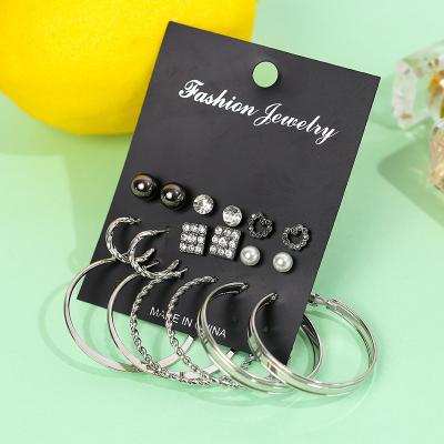 China Wholesale FASHIONABLE Alloy Diamond Earring Set Love Heart Pearl Shape Geometric 9 Piece Earring Suit RTS for sale