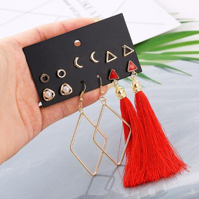 China FASHIONABLE European American Bohemian Long Tassel Earring Set Hot Selling Wish Pearl Moon Star Earring Suit for sale