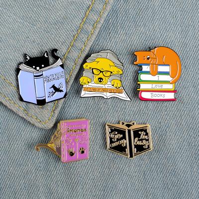 China Cute Cartoon I Love Books Animal Cute Pins Little Cat The Dog Read Book Shape Enamel Pins For Student for sale