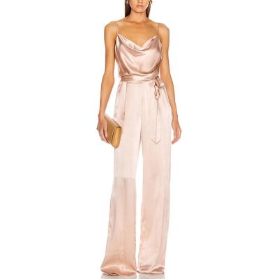 China Office Casual Women Sleeveless Tie Waist Anti-wrinkle Satin One Piece Overalls With Long Pants for sale