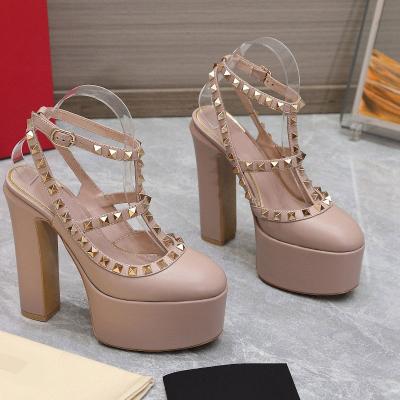 China Classic Heels Women's Leather Dance Shoes Women's Classic Heels Sexy Suede Designer Sandals Trend High Heels Rivet Chunky Heel Slippers for sale