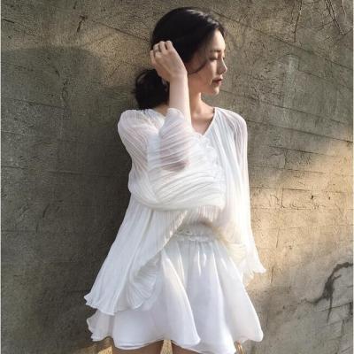 China ASM Viable ANNA 2019 New Spring Summer Pleated Wide Leg Shorts Set Long Sleeve Ruffled Two Piece Suit for sale