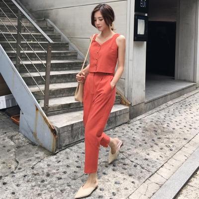 China New breathable ASM ANNA Summer pure fresh contracted condole belt pants fashion leisure woman two-piece suit for sale