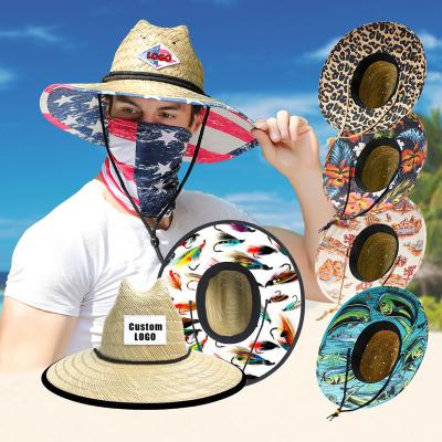 China Wholesale Custom Hollow Lifeguard Striped Beach Straw Hat For Surfing R057 Sombreros de Paja Logo Man Wide Brim Rush for sale