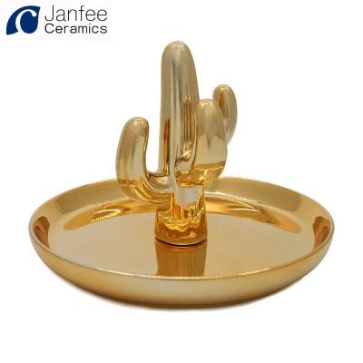 China Jewelry Packaging & Custom Handmade Ceramic Jewelry Display Cactus Gold Tray for sale