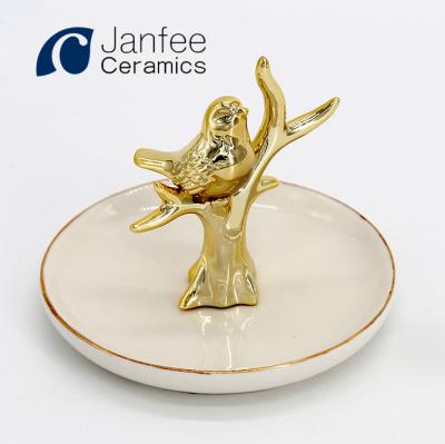 China Jewelry Packaging & Ceramic Display Bird Gold Jewelry Rings Holder Dish Trinket Tray for sale