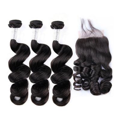 China Loose Wave Loose Wave Bundles With Closure, Cuticle Aligned Virgin Hair Bundles With Closure Set, Peruvian Bundles With Lace Headbands for sale