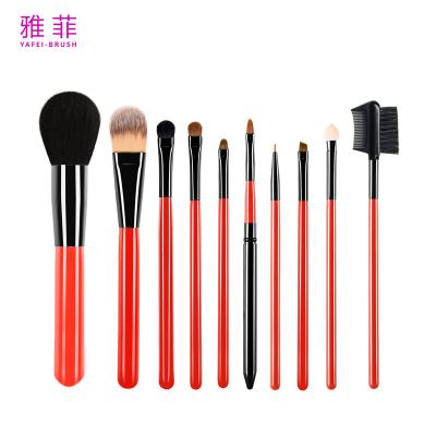 China Sleek  Red  Wooden Handle 10pcs Makeup Brush Set Private Logo for sale