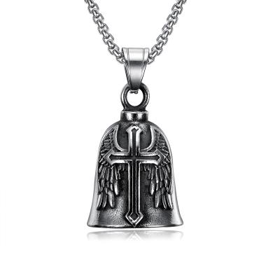 China Angel Wing Cross Biker Bell Pendant Necklace Religious Creative Men's Motorcycle Vintage Jewelry New Style Biker for sale