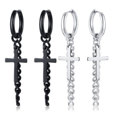 China CLASSIC Trendy 316 Stainless Steel Cross Chain Dangle Earrings Mens Stud Cross Chain Earrings for sale