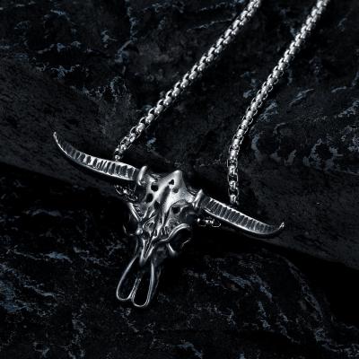 China Cute Custom Design 316 Stainless Steel Biker Skull Gothic Punk Goat Horn Jewelry Pendant Necklaces For Men for sale