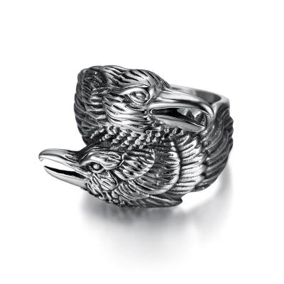 China Viking Men Two Entwined Ravens Ring Norse Mythology Silver Color Odin Crow Stainless Steel Eagle Punk Rings for Men for sale