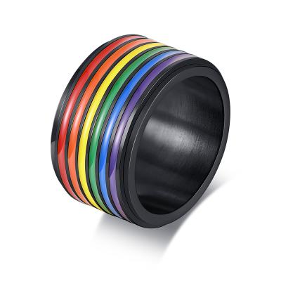 China CLASSIC Rainbow Pride Band Ring Gay LGBT Pride Rainbow Anxiety Stainless Steel Rings For Men for sale