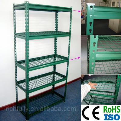 China Low Prices Corrosion Protection 5 Layers Lightweight DIY Slotted Storage Rack Angle Iron Rack With Wire Mesh Shelf for sale