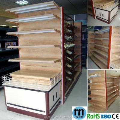 China End shelf (single side) + double side + end shelf (single side) 2016 new style WOOD COLOR steel gondola shelving/supermarket shelving for sale