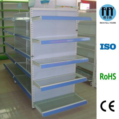 China End shelf (single side) + double side + end shelf (single side) steel medicine rack / medicine display rack with glass for sale