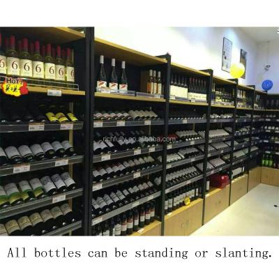 China Single Sided High Grade Wine Liquor Steel Wood Shelving With Square Top And Bottom Cabinet For Liquor Store Display for sale