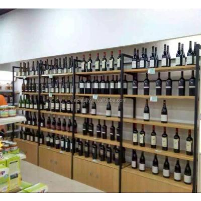 China Single Sided High Quality Wood+Steel Wine Rack With Square Top And Bottom Cabinet For Liquor / Liquor Drinks Store Display for sale