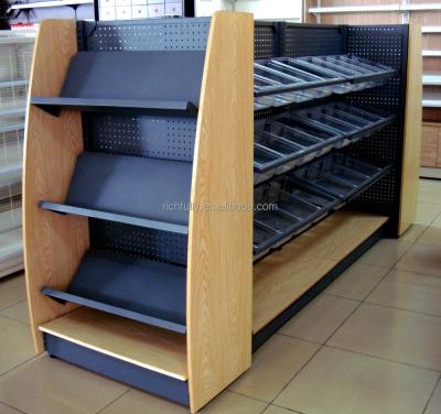 China End Shelf(Single Side)+Double Side Shelf+End(Single Side) Steel And Wood Combo Rack Display Stationery Shelf For Supermarket Or Shop for sale