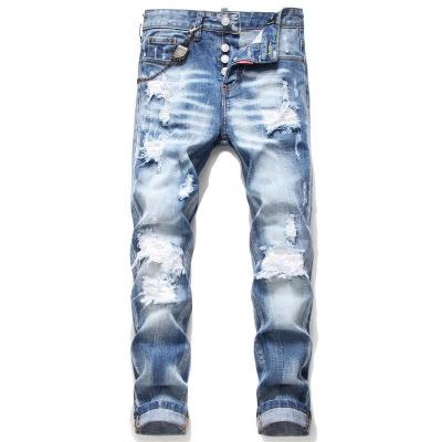 China 2020 high quality new custom made men's breathable jeans luxury mens jeans slim fit bleached distressed jeans for sale