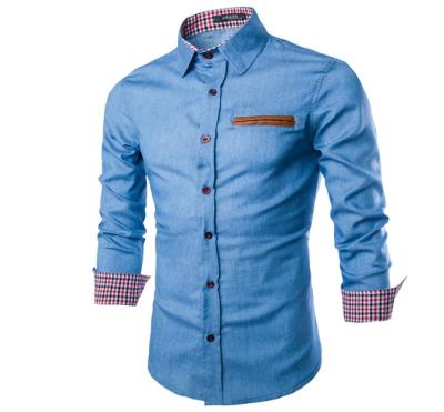 China Custom Slim Fit Logo Jeans Long Sleeve Light Blue Winter Anti-Shrink Shirts Mens Casual Shirts for sale