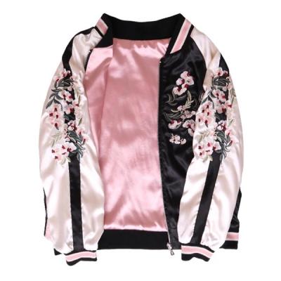 China Autumn Fashion Women Floral Embroidery Long Sleeve Satin Sustainable Casual Jackets Pink Bomber Coat for sale