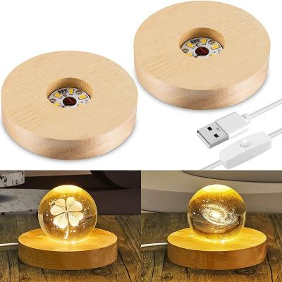 China USB Switch Night Light Round Warm White LED Wooden Low Light With USB For Led Panel / Display Acrylic Light Wooden Base For Home Decoration for sale