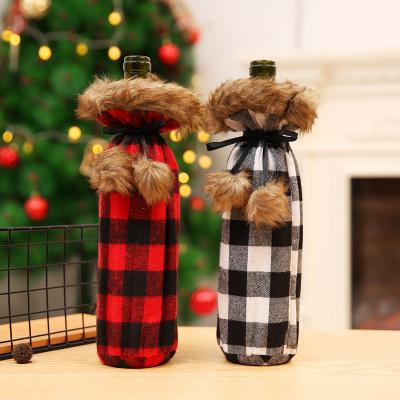 China Wine Christmas Cloth Christmas Decorations Hot Selling Set Red And Black Plaid Home Decoration Set Wine Bottle Wine Cloth Bag for sale