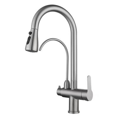 China Modern Hot Selling Stainless Steel Pull Down Kitchen Sink Faucet 2 Handle 3 In 1 Filter Water Purifier Faucets for sale