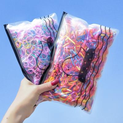 China Fashion New Come From BELLEWORLD 500 Pcs Unique TPU Mini Hair Clear Zipper Bag Package One Elastic Band for sale