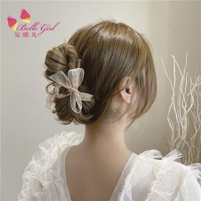 China BELLEWORLD Fashion Women Organza Bow Hair Claw Clips Fashionable Link Chain Plastic Hair Claws for sale