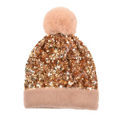 China breathable & Waterproof Custom Glitter Blue Sequined Acrylic Knit Hat For Women for sale