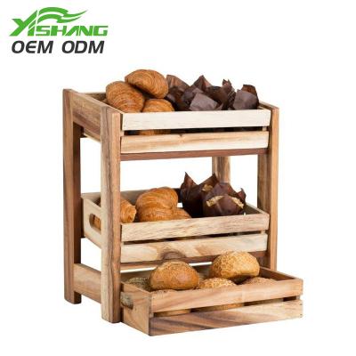 China Rust Protection Customized Counter Top 3 Tier Wooden Fruit Bread Display Rack For Sale for sale