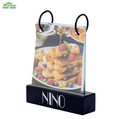 China Innovative Rust Protection Metal Restaurant Menu Clear Glass Display Rack With Metal Hook for sale