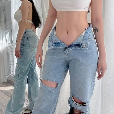 China Sugar Fashion Light Blue Women's Summer Loose Jeans Pants QUICK DRY For Ripped Ripped Jeans High Rise 2021 Women Mom Stylish Wide Leg Denim for sale