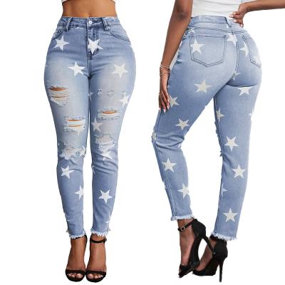 China Sugar Custom QUICK DRY 2021 high quality star print mid waist women casual ripped skinny distressed jeans destroyed with pocket for sale