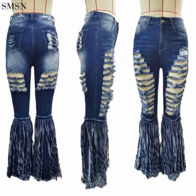 China High waist jeans 2021 Sugar Latest Design Fashion Hole trumpet woman jeans tassel women breathable jeans woman for sale