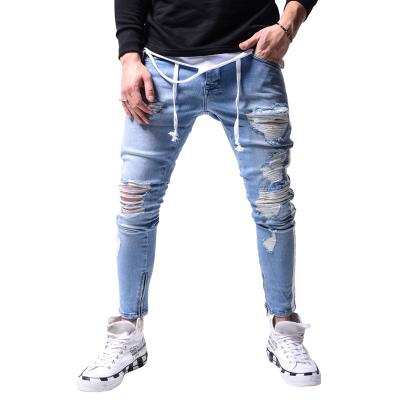 China New breathable men's jeans high-end slim-fitting ripped feet pants new jeans men's denim men's jeans pants for sale