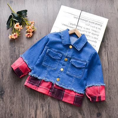 China Breathable Kids Boys Basic Denim Jacket Turn Down Collar Red Plaid Splicing Street Cool Boys Button Down Jeans Jacket Coat for sale