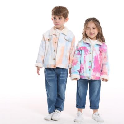 China Sustainable Unisex Baby Toddler Boy Gir Tie Dye Fur Denim Coat Outwear Kid Boys Jean Jackets With Fur For Kids for sale