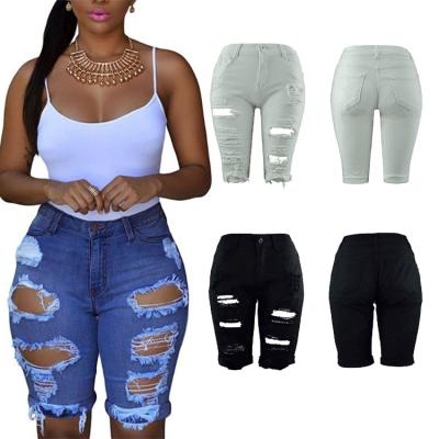 China 2021 Sugar Ladies Jeans Breathable Casual Plain Dyed High Waist Ripped Jeans Short Pants For Woman for sale