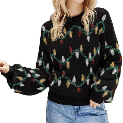 China Anti-Wrinkle Sugar Lantern Decoration Crew Neck Black Sweater Christmas Loose Sweater for sale