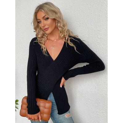 China Breathable Sugar 2021 New Arrivals Deep V Neck Sweater For Women Long Sheath Slim Fit Split Sweater Pullover for sale