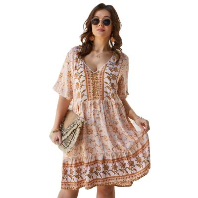 China Plus Size Sugar Summer Bohemia Short Sleeve Dress For Women Elegant Midi V-Neckline Plus Size Dress for sale