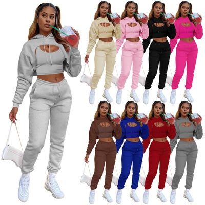 China Hot Selling Breathable 2021 Winter Clothing Fleece Drawstring Hoodie Cotton Vest Pants Jogging 3 Piece Women's Set for sale