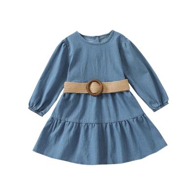 China Rts washable 2021 autumn foreign trade children's clothing girls children's denim long-sleeved princess dress with belt for sale